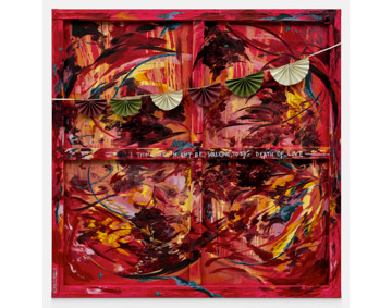 painting in bright colours on a square canvas