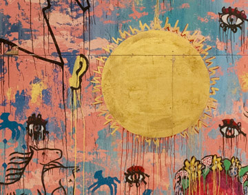 painting in bright colours showing small details including a horse and a large bright golden sun.