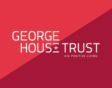 'George House Trust - HIV positive living' on a red backgrournd