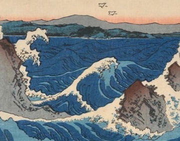 an engraving of a sea with breaking waves and a horizon with birds flying above.