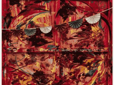 Michaela Yearwood-Dan's Passio (2026). A multicoloured painting on a canvas, with heavy usage of red paint. There are folded green paper fans strung along the canvas