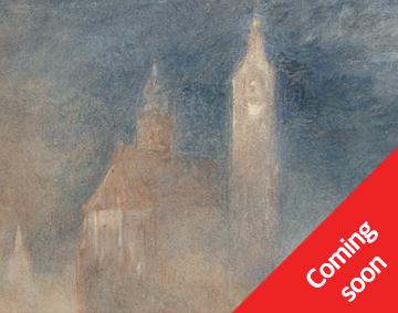 a detail of a watercolour showing a clocktower