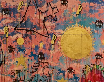 A yellow sun, figures in black paint, against a light pink and blue painted backdrop.
