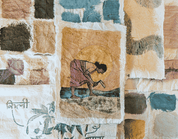 A section of dyed cotton artworks