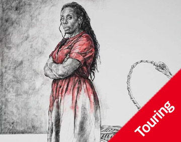 A woman in a red dress stands with arms crossed, gazing forward, as a skeletal form rises behind her.