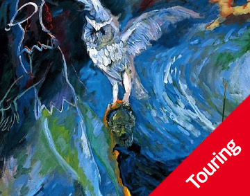 painting detail showing an owl on a man's head