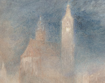 a detail of a watercolour showing a clocktower