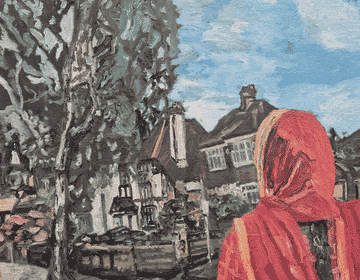 An oil on canvas painting of person wearing a red headscarf, looking a series of houses.