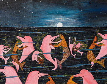 A vibrant painting of dolphins and mermaids gracefully swimming in a deep blue ocean, capturing the spirit of a playful nature and beauty.
