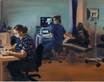 An oil painting of a maternity healthcare ward